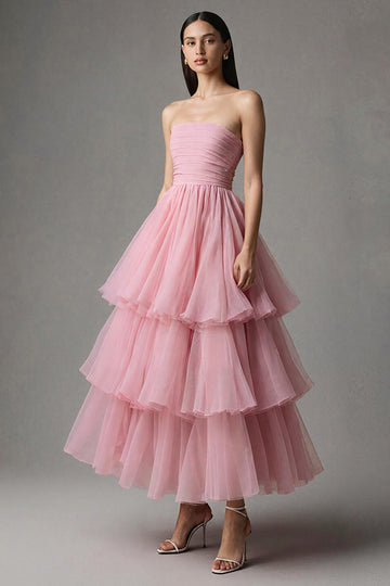 Rose A Line Sans Bretelles Maxi Robe Formelle à Volants